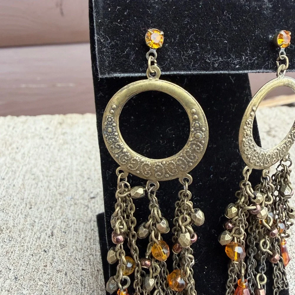 Boho Amber Chandelier Earrings‎ Antique Gold Tone Filigree Dangle Beade